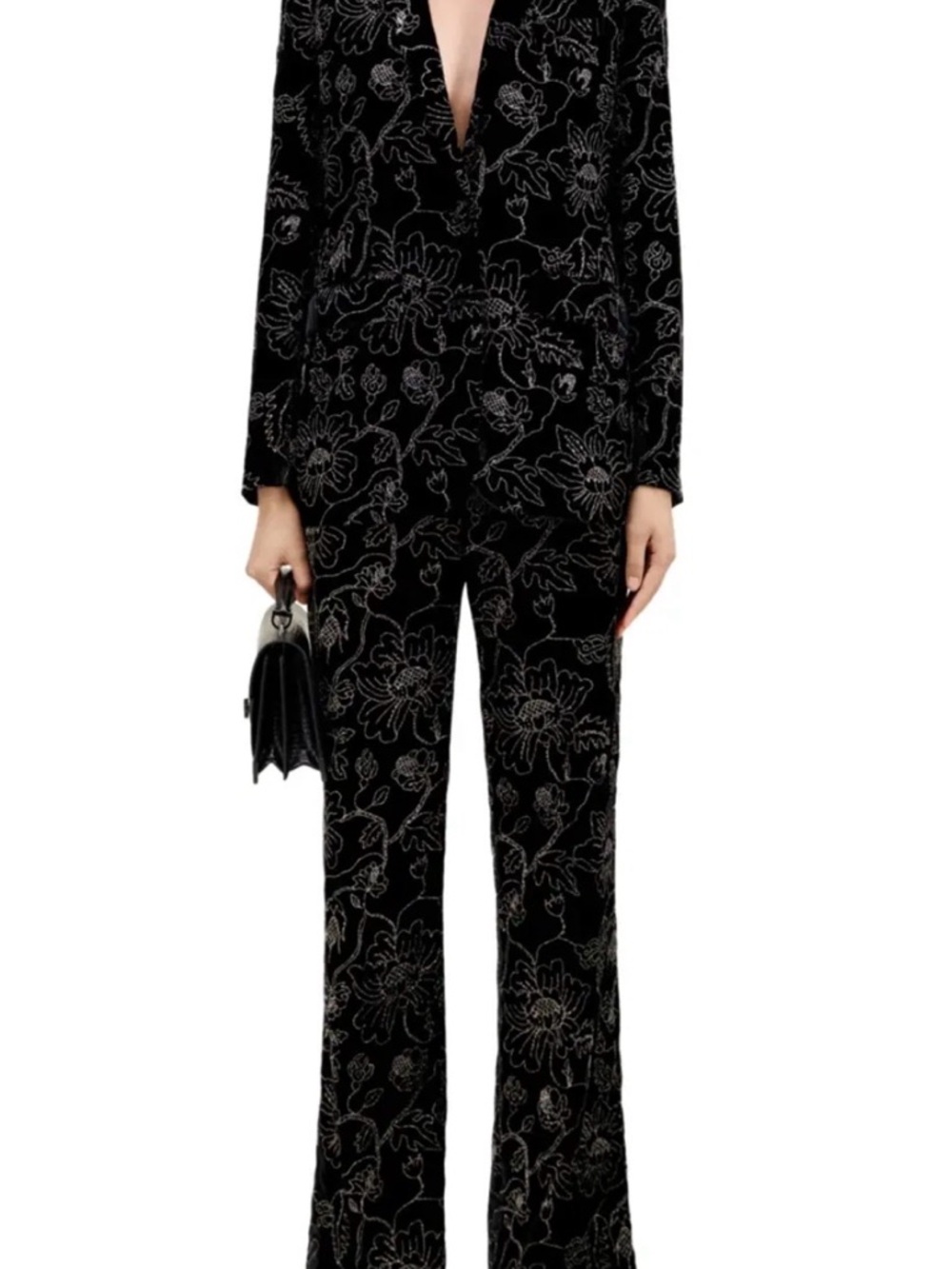 The Kooples Black Blazer with Silver Metallic Floral Embroidery